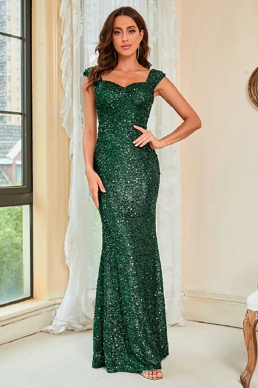 High-waisted Dresses for Flatter -Dark Green Sequins Glitter Prom Dress