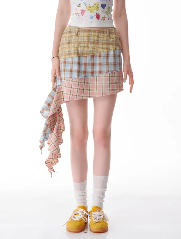 Casual skirts for relaxed weekend lounging -Asymmetric Patchwork Plaid Mini Skirt