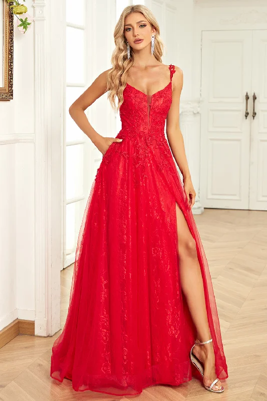 Ethnic Dresses with Tribal Design -A Line Spaghetti Straps Red Long Prom Dress with Appliques