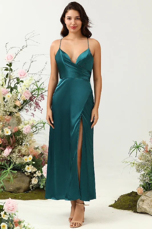 Nylon Dresses for Stretchable -A Line Spaghetti Straps Dark Green Plus Size Bridesmaid Dress with Backless