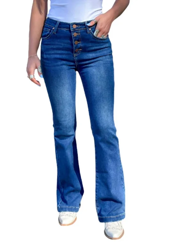 High-waisted tight trousers for women with tapered leg and vintage-inspired design -Button Down Boot Cut Jeans In Dark Wash