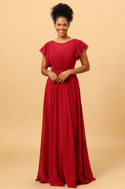 Brown Dresses for Earthy -Chiffon Burgundy Bridesmaid Dress with Ruffles Sleeves