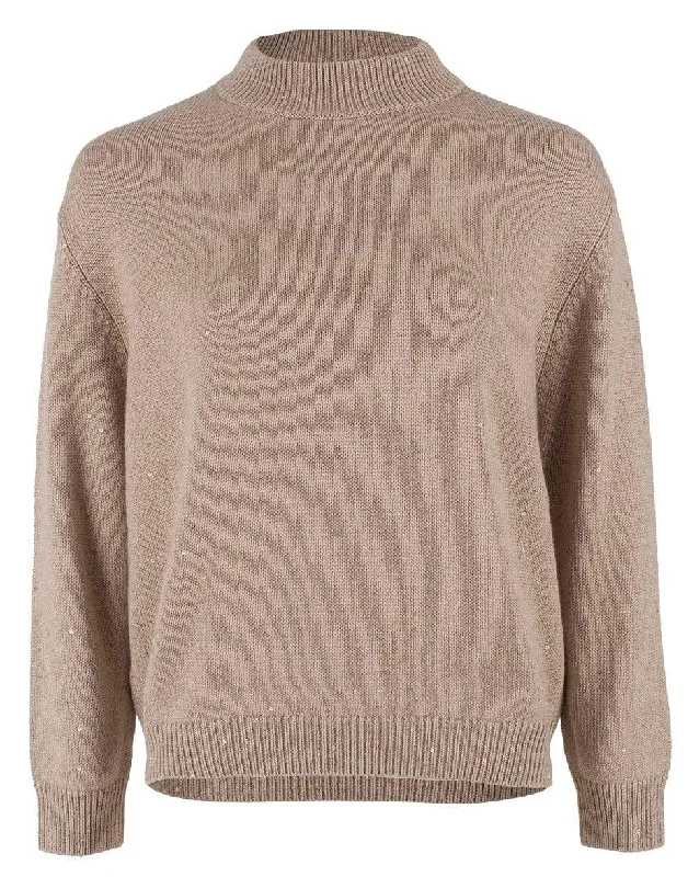 Split - Neck Sweaters for Unique Neckline -Granola Cashmere Silk Paillette Long Sleeve Mockneck Sweater