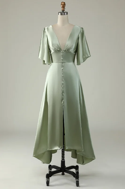 Graduation Dresses for Milestone -A Line Deep V Neck Light Green Bridesmaid Dress with Half Sleeves