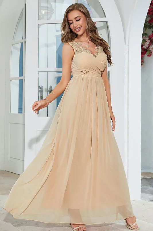 Beige Dresses for Neutral -Apricot Chiffon Long Wedding Guest Dress with Lace