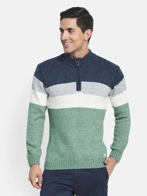 Beaded Sweaters for Sparkling Effect -Men Olive Green White Colourblocked Sweater