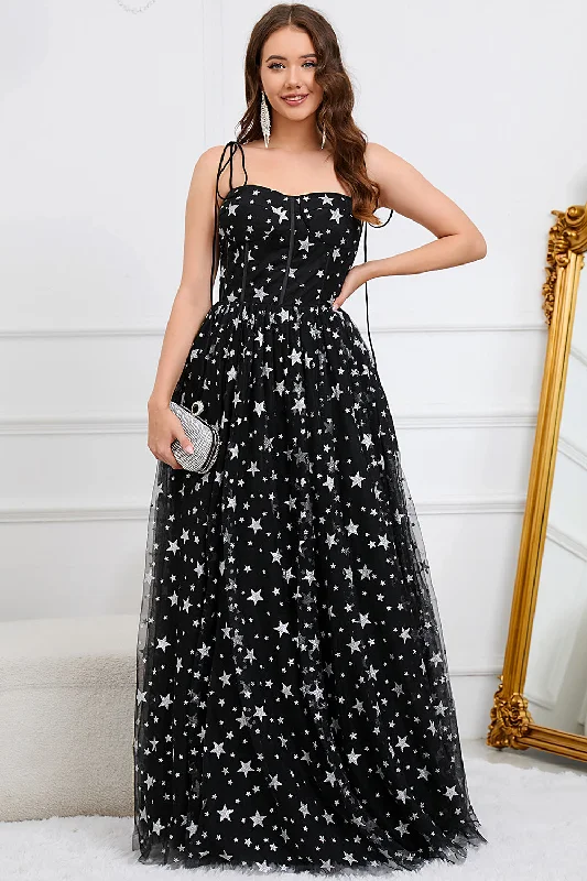 Lace Dresses for Delicate -Tulle A-Line Spaghetti Straps Black Long Prom Dress with Stars