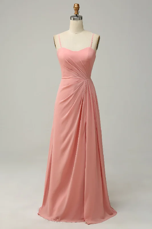 Belted Dresses for Shaping -A Line Spaghetti Straps Blush Long Bridesmaid Dress