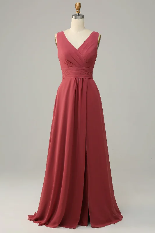 Evening Dresses for Formal Events -V Neck Desert Rose Sleeveless Chiffon Long Bridesmaid Dress