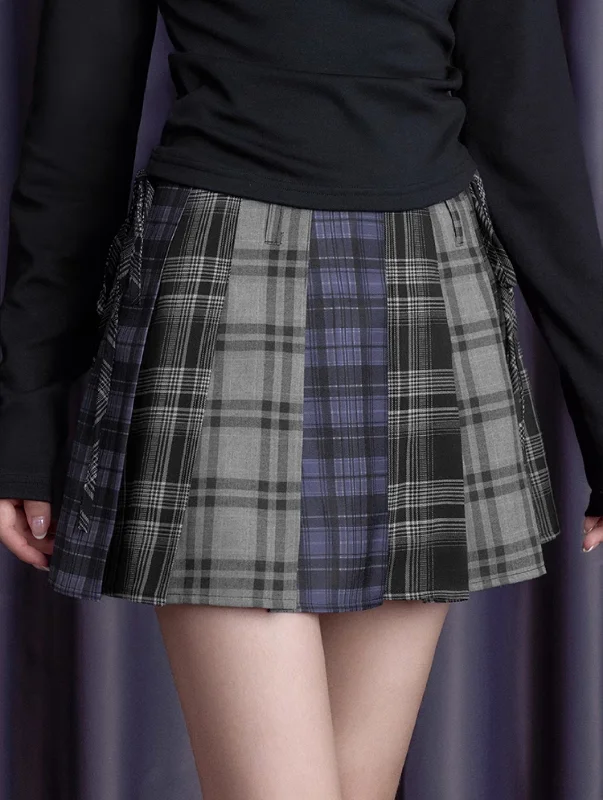 Designer skirts with premium fabric finish -Blue Gray Black Plaid High Waist Pleated Skirt SAG0195