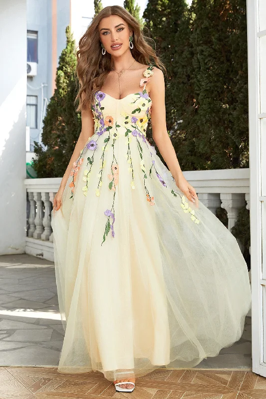 Fringed Dresses for Edgy -A Line Champagne Spaghetti Straps Prom Dress With 3D Flowers