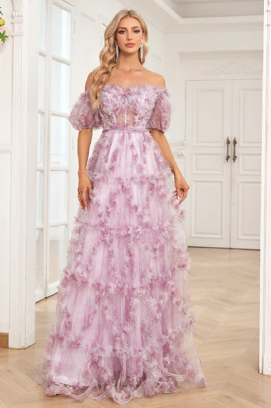 Belted Dresses for Shaping -Charming A Line Off the Shoulder Purple Long Prom Dress with Printing