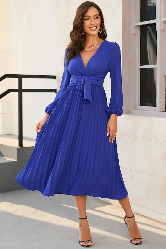 Denim Dresses for Casual Style -A Line V Neck Royal Blue Wedding Guest Party Dress with Belt