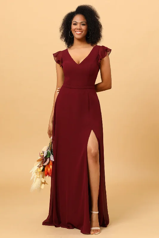 Beach Dresses for Coastal -Chiffon Burgundy Bridesmaid Dress with Slit