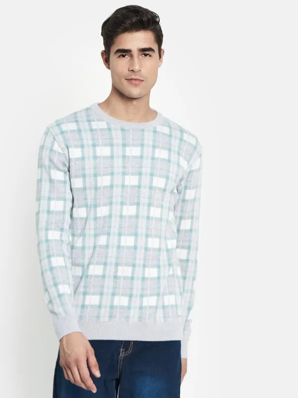 Pocket - Equipped Sweaters for Convenience -Men Grey Sea Green Checked Pullover Sweater