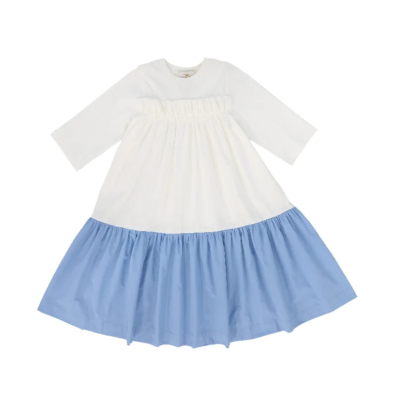 Casual Dresses for Everyday -THE MIDDLE DAUGHTER WHITE/BLUE RUFFLE TRIM DRESS [FINAL SALE]