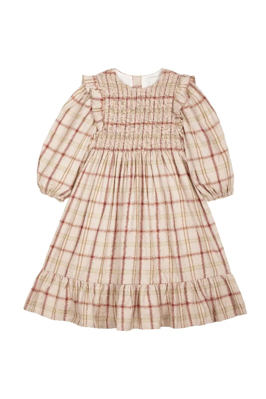 Graduation Dresses for Milestone -Mipounet Sesame Plaid Puff Sleeve Ruffle Dress [Final Sale]