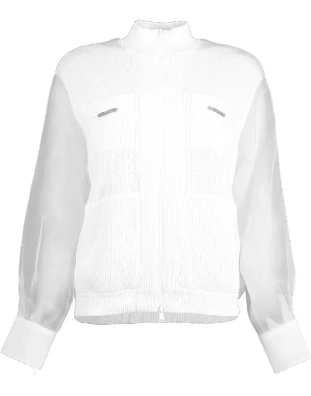 Puffed - Sleeve Sweaters for Feminine Style -Organza-Sleeved Zip-Through Sweater