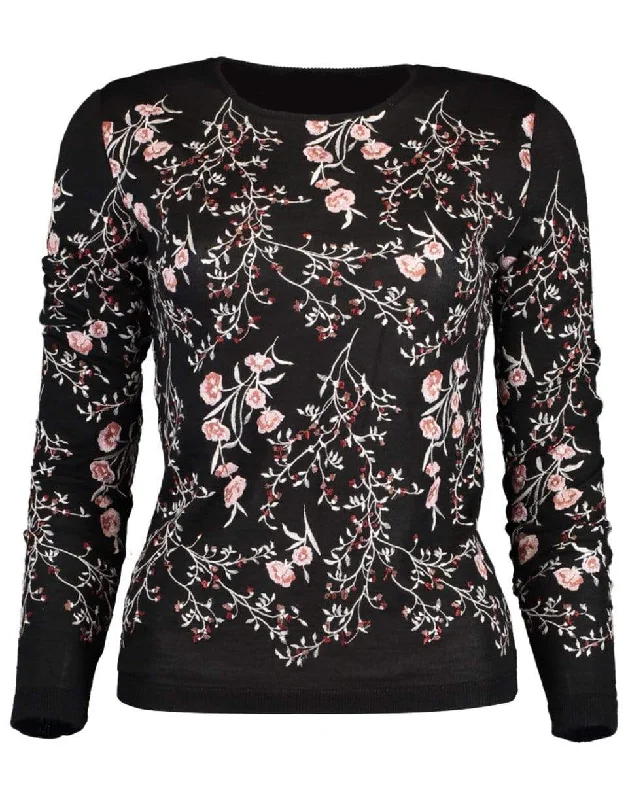 Long - Sleeve Sweaters for Full Coverage -Black Long Sleeve Embroidered Cashmere Sweater