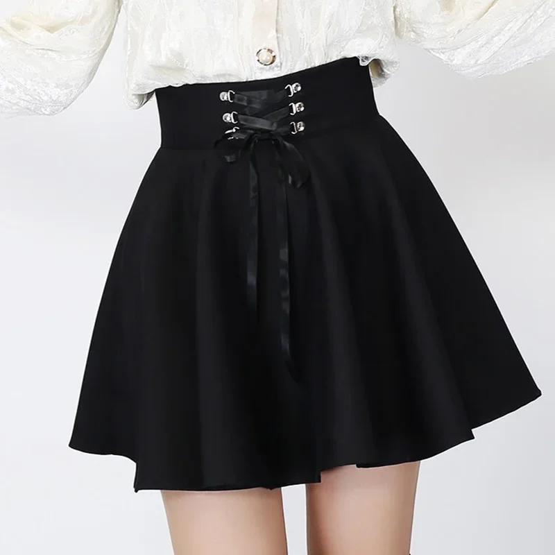 Trendy skirts with bold plaid patterns -Black Lace-up Skirt AD12624