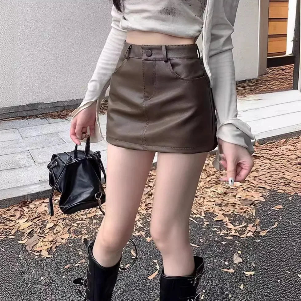 Casual skirts for relaxed weekend lounging -2024 New High  -Waisted Brown A-Line PU Leather Belted Mini Skirt