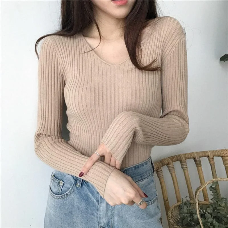 Shearling - Lined Sweaters for Extra Warmth -V-Neck Slim Knitted Sweater