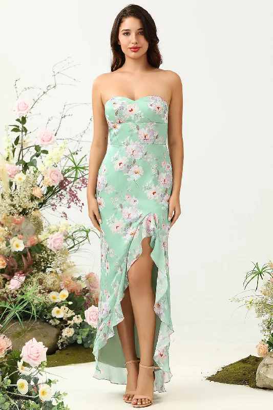 Minimalist Dresses for Simplicity -Sheath Spaghetti Straps Light Green Floral Printed Bridesmaid Dress with Split Front