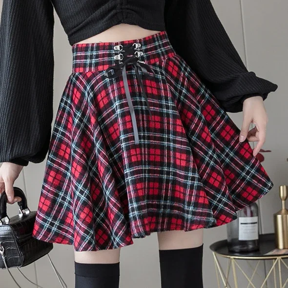 Pleated skirts for sophisticated evening wear -Autumn Plaid Lace-up Preppy Skirt AD12673