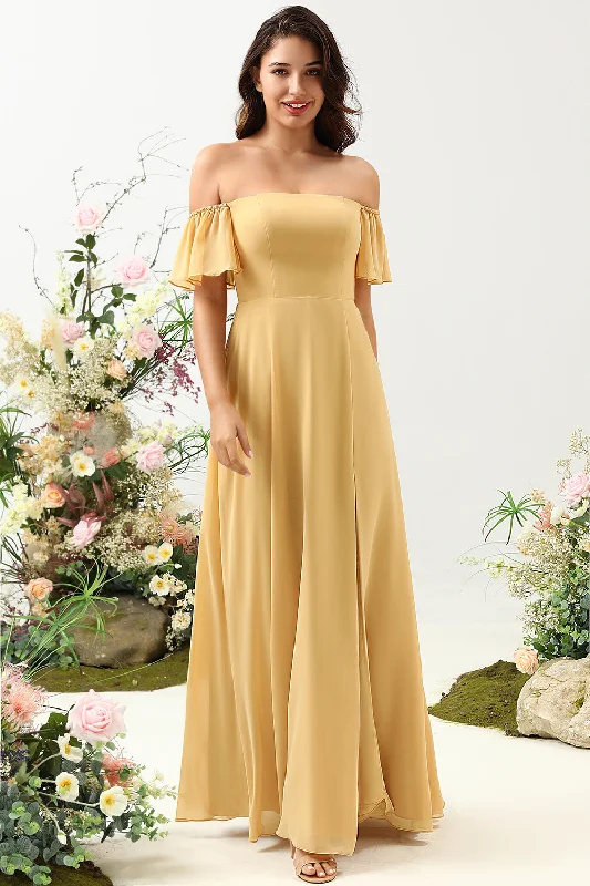 Ruffled Dresses for Girly -A Line Off the Shoulder Yellow Long Bridesmaid Dress