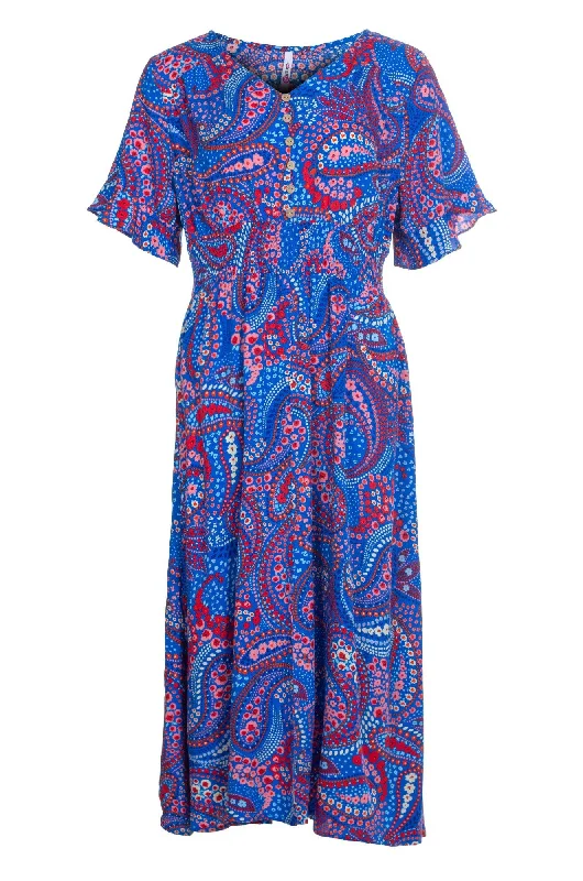 Graduation Dresses for Milestone -Maxi Dress with shirred waist | Cobalt Red Paisley | 3359A1