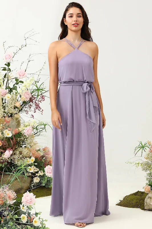 Short-sleeved Dresses for Summer -A Line Halter Purple Long Bridesmaid Dress with Bowknot