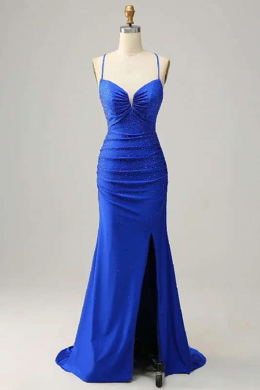 Sequined Dresses for Sparkle -Mermaid Spaghetti Straps Royal Blue Long Formal Dress with Beading