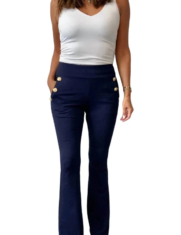 Fashion-forward tight trousers for women with metallic sheen and edgy design -Ponte Pants With Gold Buttons In Navy