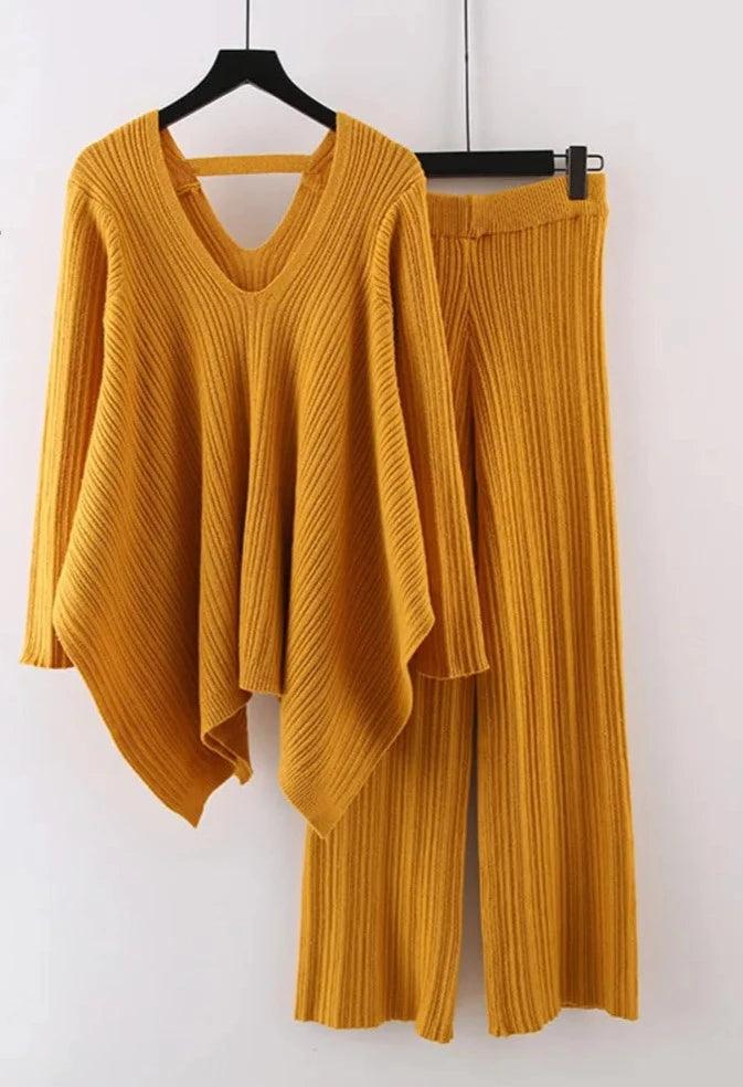 Off - Shoulder Sweaters for Sexy Look -Irregular V-Neck Women Pants Sweater Set