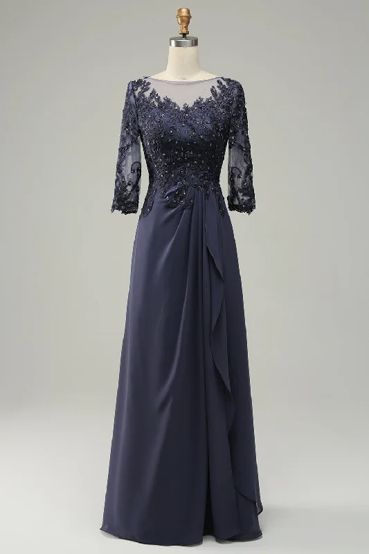 Mother's Day Dresses for Gift -Long Sleeves Blue Mother of Bride Dress with Appliques