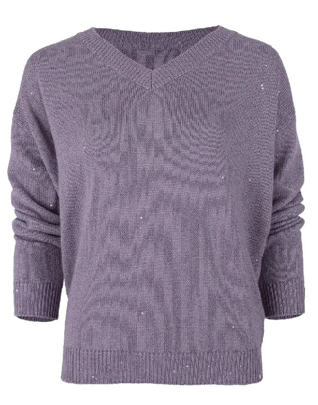 Side - Slit Sweaters for Stylish Detail -Violet Long Sleeve V-Neck Cashmere Silk Pailette Knit Sweater