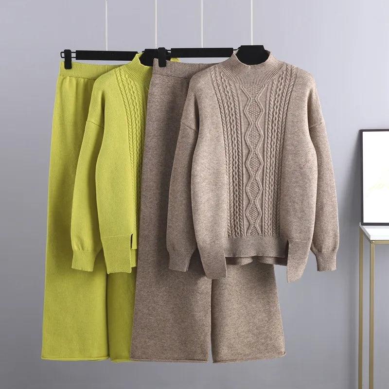 Solid Color Sweaters for Simple Elegance -3 Piece Cashmere Women Pants Sweater Set