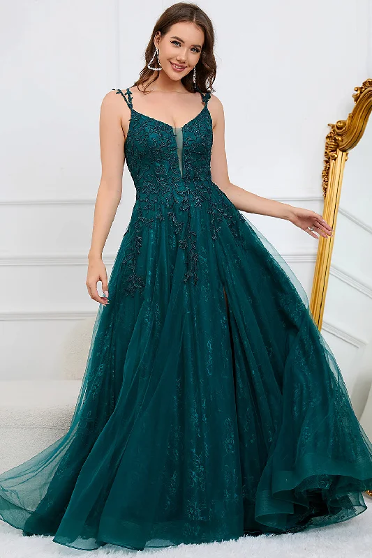 Sequined Dresses for Sparkle -Dark Green A Line Spaghetti Straps Long Prom Dress with Appliques