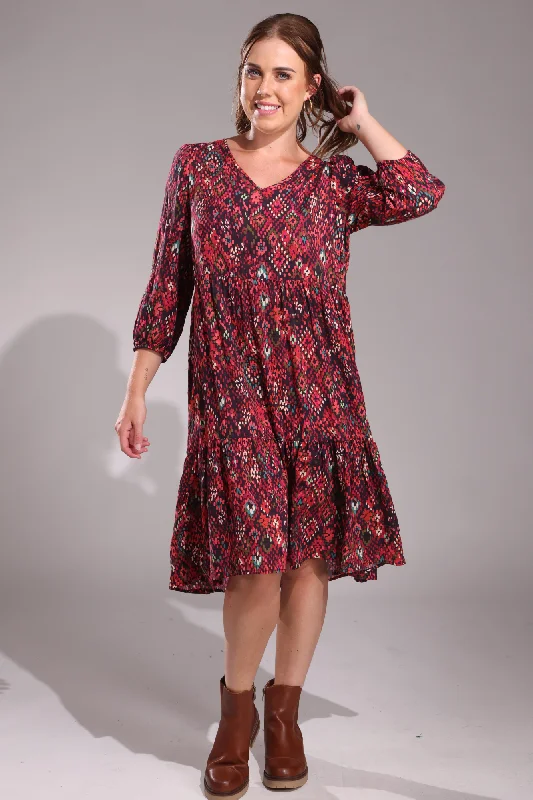 A-line Dresses for Flattering -V neck Cotton Rayon Dress | Berry Mosaic | 6543ZZ