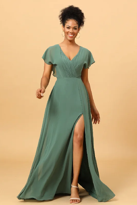 Abstract Dresses for Creative -Chiffon A-line Green Bridesmaid Dress with Slit