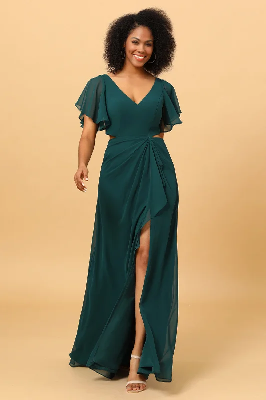 One-shoulder Dresses for Trendy -Hollow-out Chiffon Green Bridesmaid Dress with Ruffles Sleeves