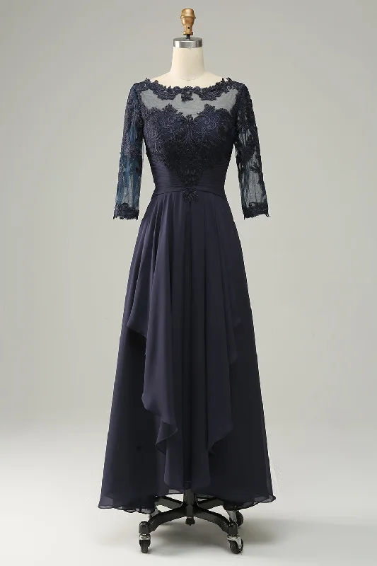 Christmas Dresses for Holiday -Asymmetrical Navy Mother of Bride Dress with Long Sleeves