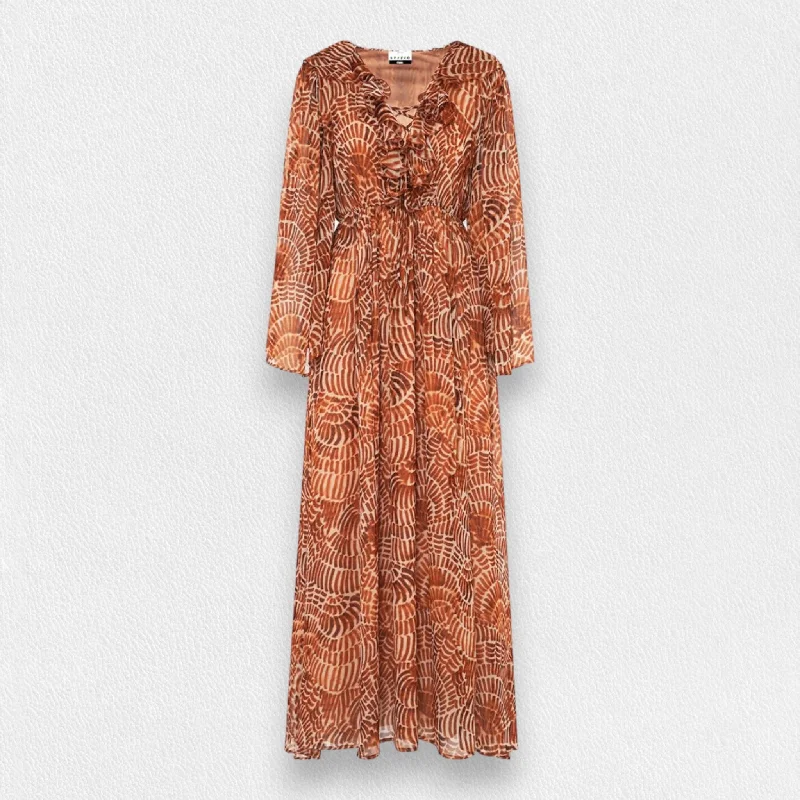 Flared Dresses for Retro -SFIZIO - RUST PRINT RUFFLED DRESS