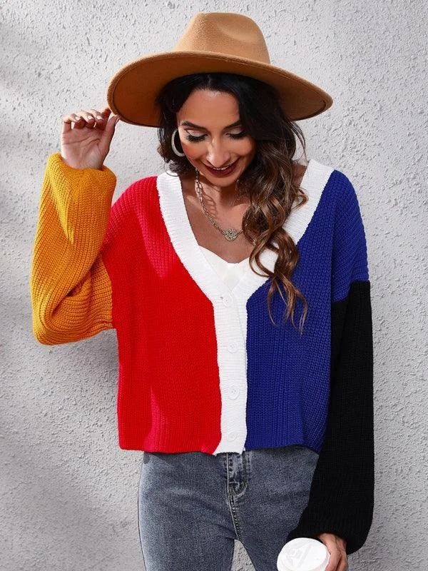 Patchwork Sweaters for Unique Design -Contrast Color Knitted Cardigan Sweater