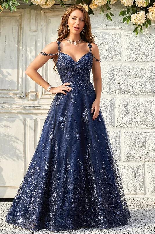 Patchwork Dresses for Bohemian -A Line Off the Shoulder Navy Long Prom Dress with Appliques