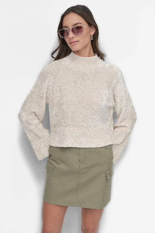 Lace - Trimmed Sweaters for Feminine Detail -WIDE SLEEVE CROPPED SWEATER