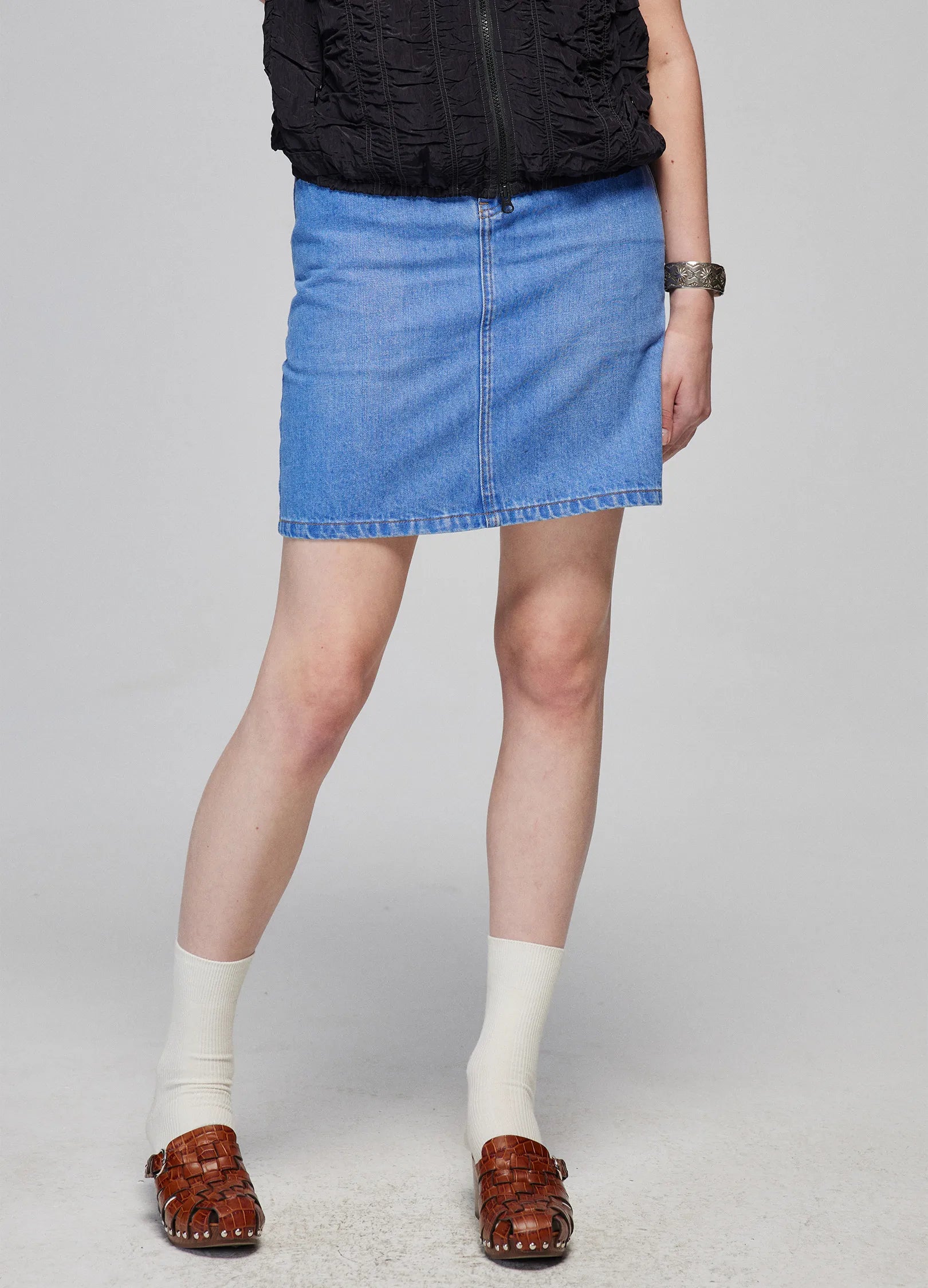 Trendy skirts with modern cutout designs -Washed Denim Miniskirt