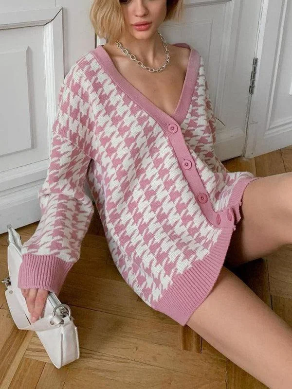 Oversized Sweaters for Relaxed Fit -Houndstooth Knitted Women Cardigan Sweater