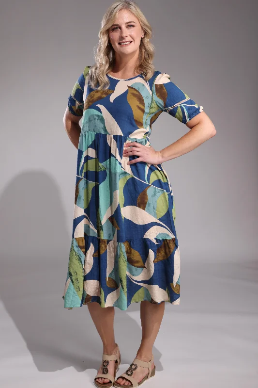 Wrap Dresses for Adjustable -Viscose Blend Midi Dress | Blues Green Leaf | 6532A1