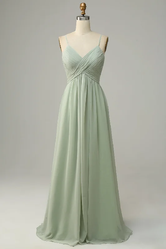 Satin Dresses for Shiny Look -Spaghetti Straps Sleeveless Dusty Sage Bridesmaid Dress